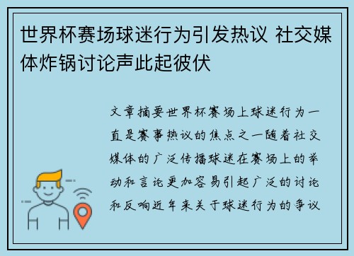 世界杯赛场球迷行为引发热议 社交媒体炸锅讨论声此起彼伏