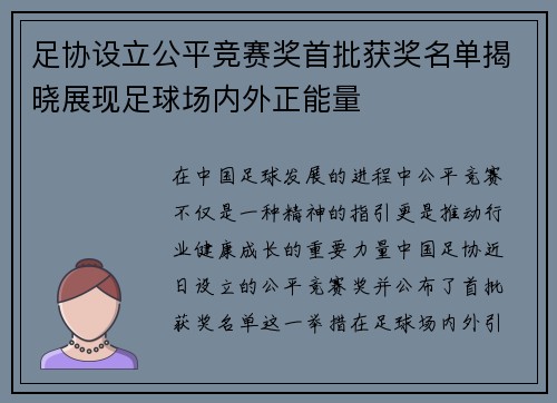 足协设立公平竞赛奖首批获奖名单揭晓展现足球场内外正能量