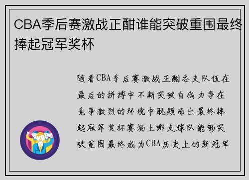 CBA季后赛激战正酣谁能突破重围最终捧起冠军奖杯